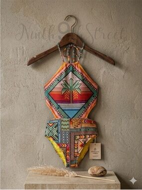 Farm Rio Banana Scarves Halter Cutout One Piece Swimsuit NWT XS S